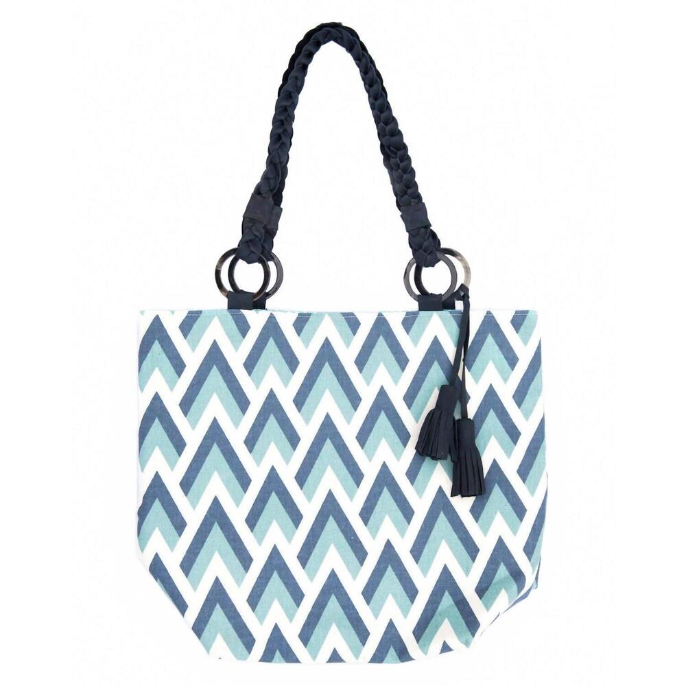 NEW VI BELLA women's mountain leather handled tote in navy light blue, white